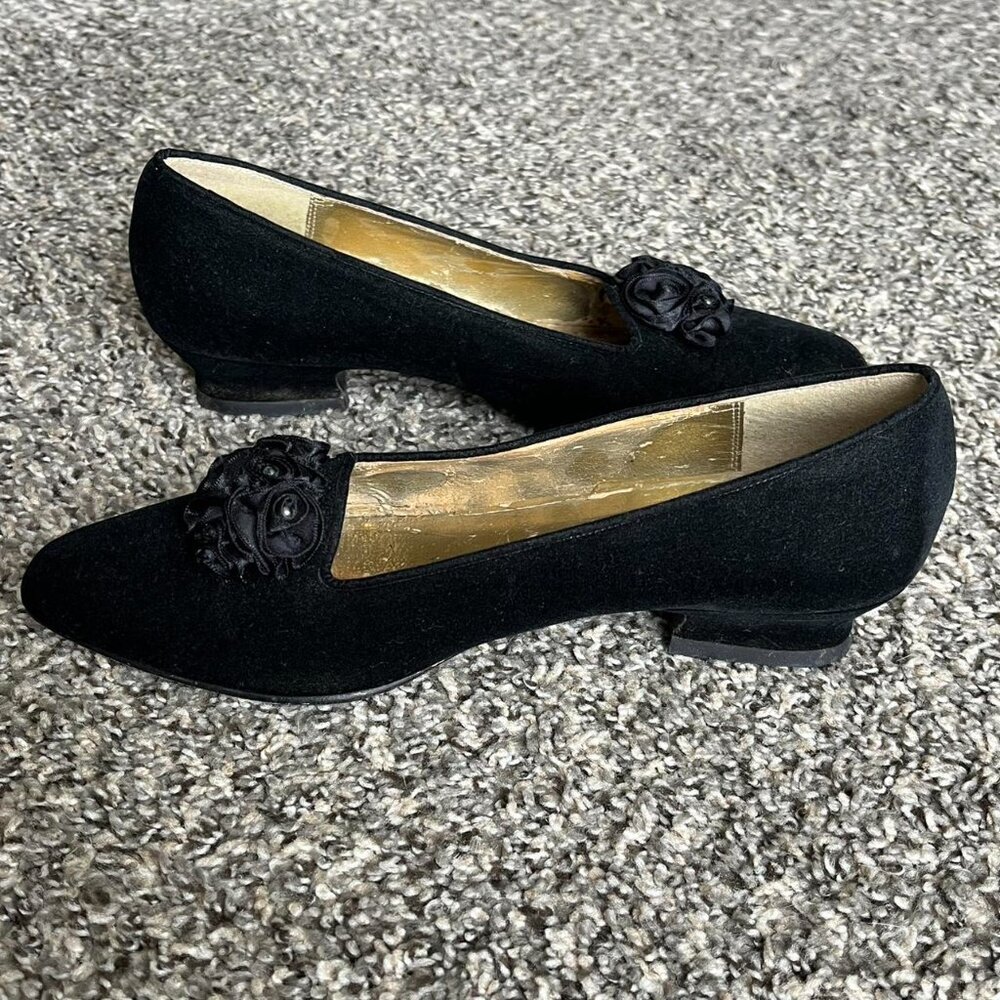 Vintage Velvet Kitten Heel Shoes Womens 8.5 Embellished Rose Coquette Whimsigoth - Picture 2 of 8